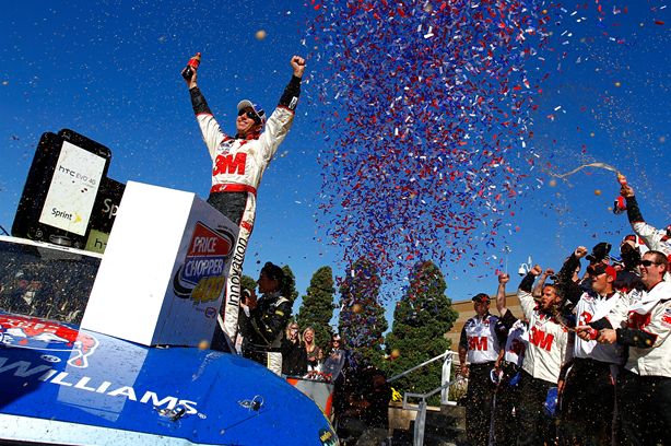 No. 16 3M Ford driver Greg Biffle celebrates in Victory Lane after earning his second win of the 2010 season and 16th of his NASCAR Sprint Cup Series career. Credit: Jason Smith/Getty Images for NASCAR